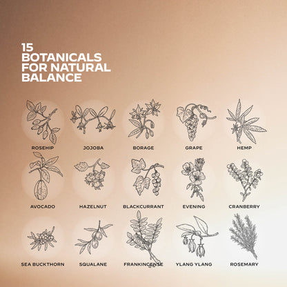Illustrations of 15 botanicals for natural balance. 