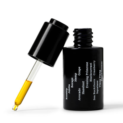 Black dropper bottle with yellow applicator on a white background
