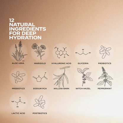 OM-SE Hydrating Face Mist, illustrations of 12 natural ingredients for deep hydration on a gradient background